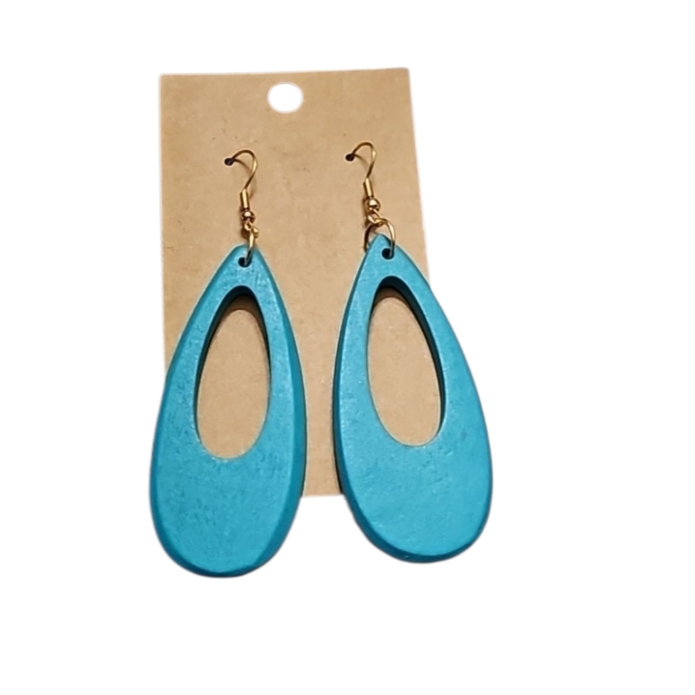 Handmade New Turquoise Wooden Oval Cut Out Dangle Earrings